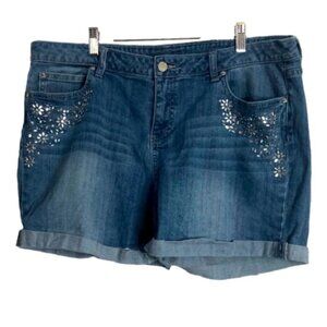 Jennifer Lopez Jean Shorts Faded Blue  Embellished Bling Turned Up Cuffs
